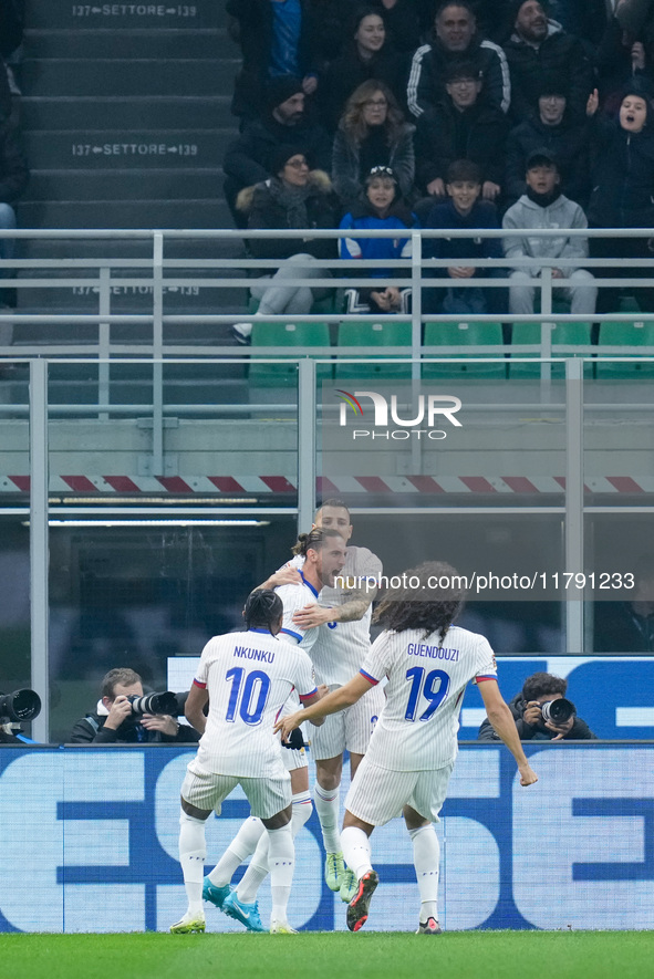 Adrien Rabiot of France celebrates after scoring first goal during the UEFA Nations League 2024/25 League A Group 2 match between Italy and...