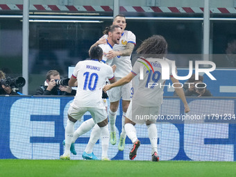 Adrien Rabiot of France celebrates after scoring first goal during the UEFA Nations League 2024/25 League A Group 2 match between Italy and...