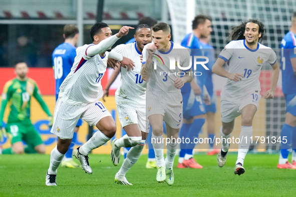 Lucas Digne of France celebrates after scoring second goal during the UEFA Nations League 2024/25 League A Group 2 match between Italy and F...