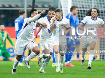 Lucas Digne of France celebrates after scoring second goal during the UEFA Nations League 2024/25 League A Group 2 match between Italy and F...