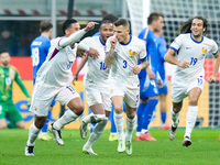 Lucas Digne of France celebrates after scoring second goal during the UEFA Nations League 2024/25 League A Group 2 match between Italy and F...