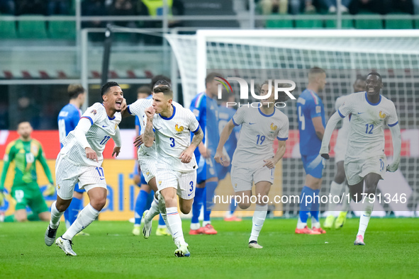 Lucas Digne of France celebrates after scoring second goal during the UEFA Nations League 2024/25 League A Group 2 match between Italy and F...