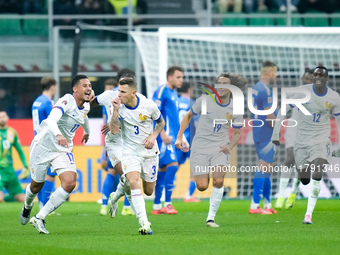 Lucas Digne of France celebrates after scoring second goal during the UEFA Nations League 2024/25 League A Group 2 match between Italy and F...