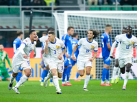 Lucas Digne of France celebrates after scoring second goal during the UEFA Nations League 2024/25 League A Group 2 match between Italy and F...