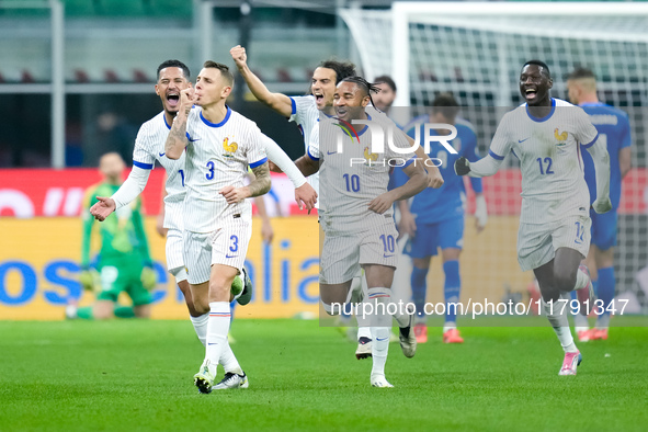 Lucas Digne of France celebrates after scoring second goal during the UEFA Nations League 2024/25 League A Group 2 match between Italy and F...