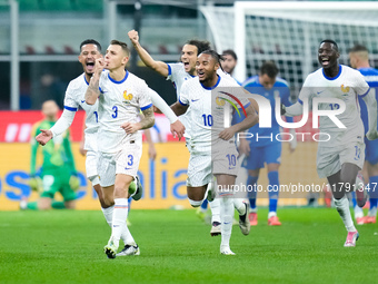 Lucas Digne of France celebrates after scoring second goal during the UEFA Nations League 2024/25 League A Group 2 match between Italy and F...