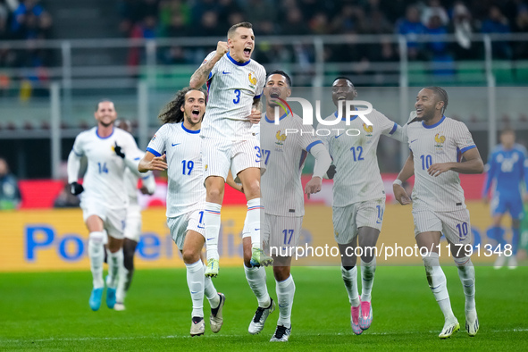 Lucas Digne of France celebrates after scoring second goal during the UEFA Nations League 2024/25 League A Group 2 match between Italy and F...