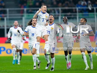 Lucas Digne of France celebrates after scoring second goal during the UEFA Nations League 2024/25 League A Group 2 match between Italy and F...