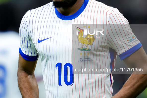 Close up of France away shirt during the UEFA Nations League 2024/25 League A Group 2 match between Italy and France at Stadio Giuseppe Meaz...