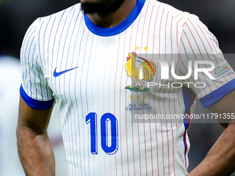 Close up of France away shirt during the UEFA Nations League 2024/25 League A Group 2 match between Italy and France at Stadio Giuseppe Meaz...