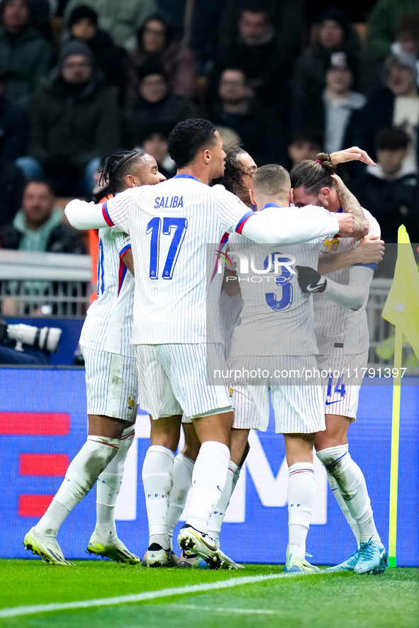 Adrien Rabiot of France celebrates after scoring third goal during the UEFA Nations League 2024/25 League A Group 2 match between Italy and...