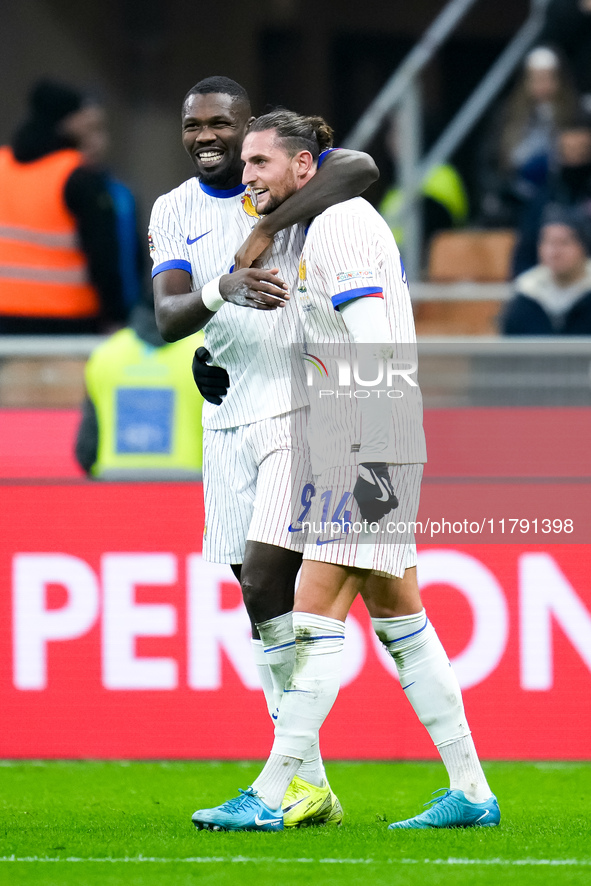 Adrien Rabiot of France celebrates after scoring third goal during the UEFA Nations League 2024/25 League A Group 2 match between Italy and...