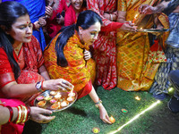 Rajasthan Deputy Chief Minister Diya Kumari and JMC Greater Mayor Somya Gurjar light earthen lamps during the 'Deepdan' celebration on the o...