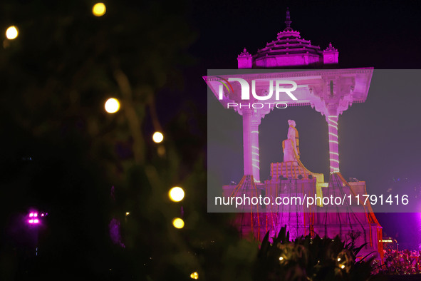 An illuminated view of Statue Circle during the 'Deepdan' celebration on the occasion of the foundation day of the 'Pink City' in Jaipur, Ra...