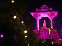 An illuminated view of Statue Circle during the 'Deepdan' celebration on the occasion of the foundation day of the 'Pink City' in Jaipur, Ra...