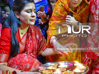 Rajasthan Deputy Chief Minister Diya Kumari and JMC Greater Mayor Somya Gurjar light earthen lamps during the 'Deepdan' celebration on the o...