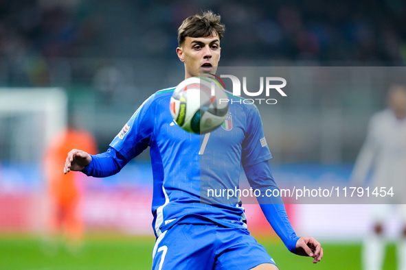 Daniel Maldini of Italy looks on during the UEFA Nations League 2024/25 League A Group 2 match between Italy and France at Stadio Giuseppe M...