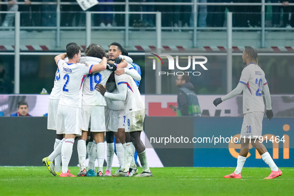 Players of France celebrate the victory at the final whistle the UEFA Nations League 2024/25 League A Group 2 match between Italy and France...