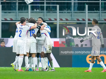 Players of France celebrate the victory at the final whistle the UEFA Nations League 2024/25 League A Group 2 match between Italy and France...