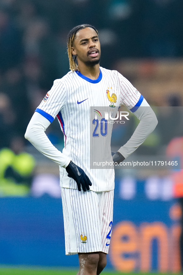 Bradley Barcola of France looks on at the end of the UEFA Nations League 2024/25 League A Group 2 match between Italy and France at Stadio G...