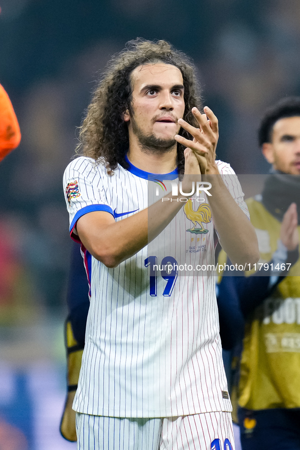 Matteo Guendouzi of France greets the fans at the end of the UEFA Nations League 2024/25 League A Group 2 match between Italy and France at...