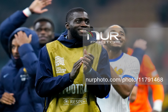 Dayot Upamecano of France greets the fans at the end of the UEFA Nations League 2024/25 League A Group 2 match between Italy and France at S...