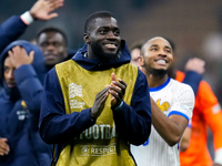 Dayot Upamecano of France greets the fans at the end of the UEFA Nations League 2024/25 League A Group 2 match between Italy and France at S...