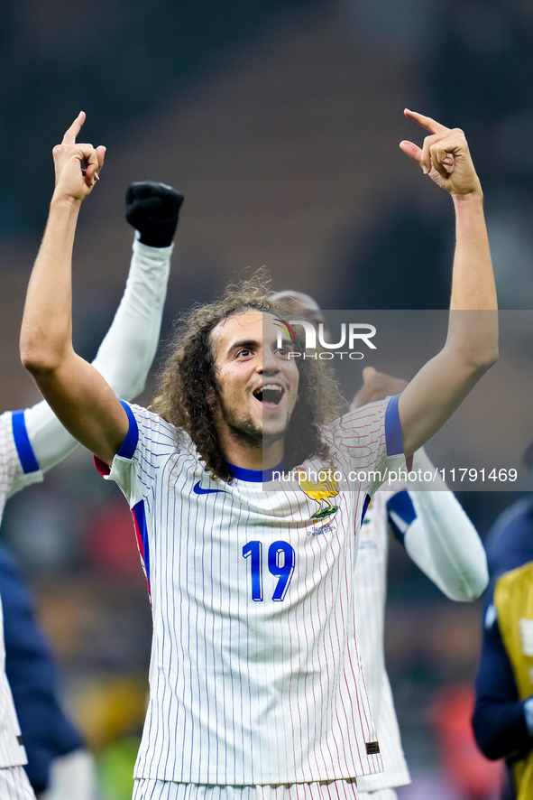 Matteo Guendouzi of France celebrates the victory at the end of the UEFA Nations League 2024/25 League A Group 2 match between Italy and Fra...