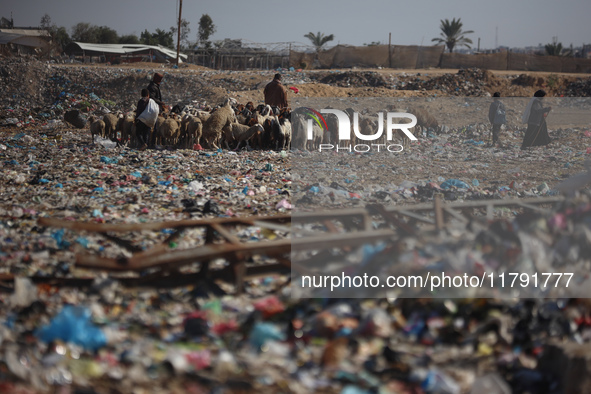 A Palestinian searches through a pile of garbage in Khan Yunis, Gaza Strip, on November 19, 2024, amid the ongoing war between Israel and th...