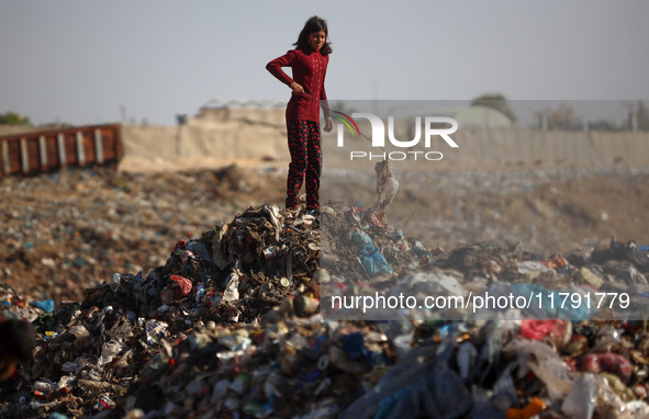 A displaced Palestinian girl searches through a pile of garbage in Khan Yunis, Gaza Strip, on November 19, 2024, amid the ongoing war betwee...