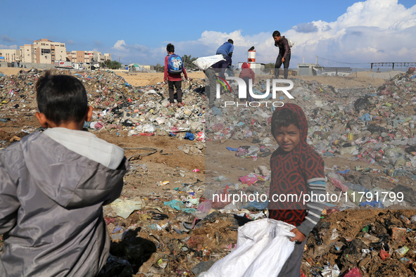 A Palestinian searches through a pile of garbage in Khan Yunis, Gaza Strip, on November 19, 2024, amid the ongoing war between Israel and th...