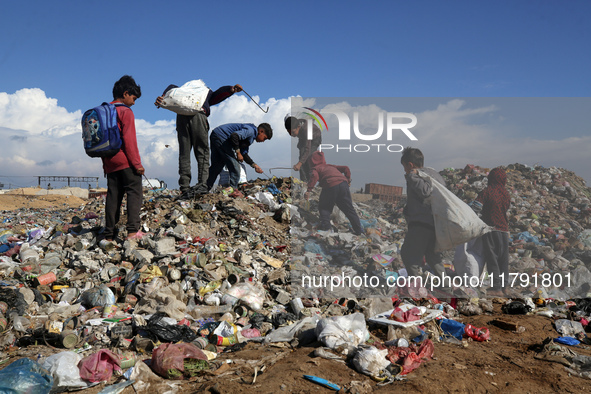 A Palestinian searches through a pile of garbage in Khan Yunis, Gaza Strip, on November 19, 2024, amid the ongoing war between Israel and th...