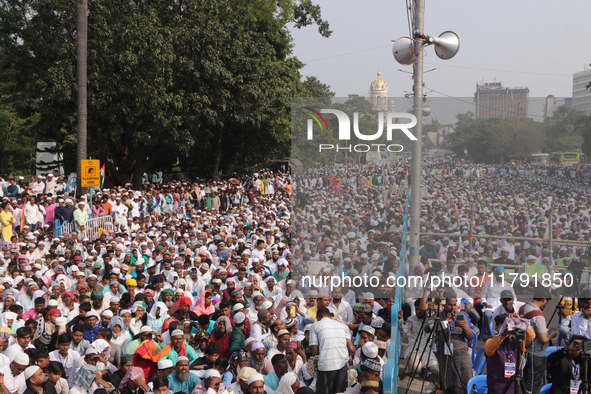 Indian Muslims shout slogans during a protest against the Anti-Waqf Amendment Bill in Kolkata, India, on November 19, 2024. More than 60 tho...