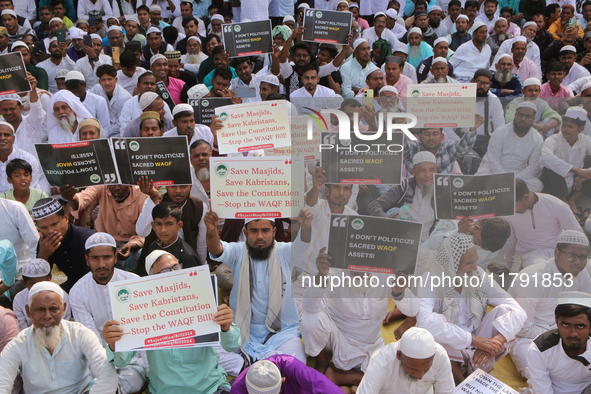 Indian Muslims shout slogans during a protest against the Anti-Waqf Amendment Bill in Kolkata, India, on November 19, 2024. More than 60 tho...