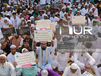 Indian Muslims shout slogans during a protest against the Anti-Waqf Amendment Bill in Kolkata, India, on November 19, 2024. More than 60 tho...