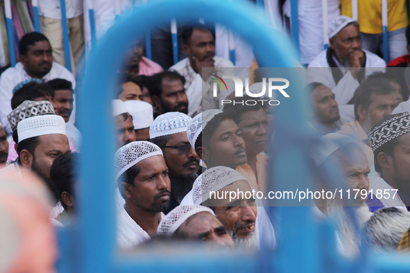 Indian Muslims shout slogans during a protest against the Anti-Waqf Amendment Bill in Kolkata, India, on November 19, 2024. More than 60 tho...