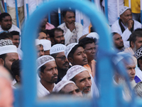 Indian Muslims shout slogans during a protest against the Anti-Waqf Amendment Bill in Kolkata, India, on November 19, 2024. More than 60 tho...