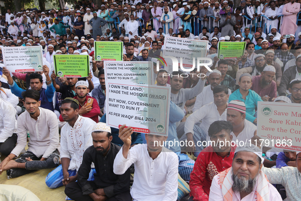 Indian Muslims shout slogans during a protest against the Anti-Waqf Amendment Bill in Kolkata, India, on November 19, 2024. More than 60 tho...