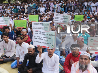 Indian Muslims shout slogans during a protest against the Anti-Waqf Amendment Bill in Kolkata, India, on November 19, 2024. More than 60 tho...