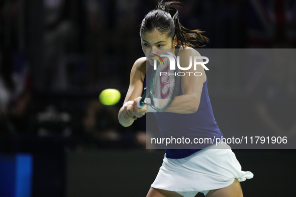 MALAGA, SPAIN - NOVEMBER 19: Emma Raducanu of Great Britain in her singles match against Viktoria Hruncakova of Slovakia in the semifinal ti...