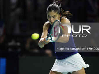 MALAGA, SPAIN - NOVEMBER 19: Emma Raducanu of Great Britain in her singles match against Viktoria Hruncakova of Slovakia in the semifinal ti...