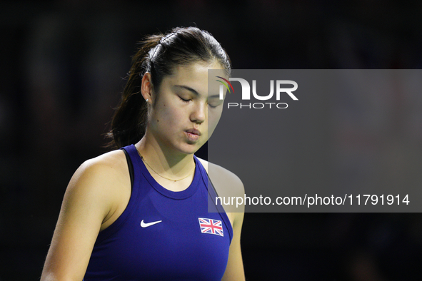 MALAGA, SPAIN - NOVEMBER 19: Emma Raducanu of Great Britain in her singles match against Viktoria Hruncakova of Slovakia in the semifinal ti...