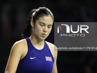 MALAGA, SPAIN - NOVEMBER 19: Emma Raducanu of Great Britain in her singles match against Viktoria Hruncakova of Slovakia in the semifinal ti...