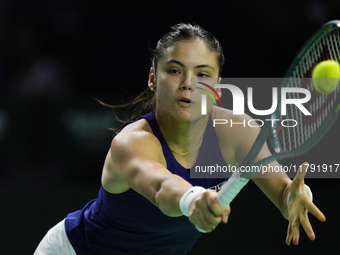 MALAGA, SPAIN - NOVEMBER 19: Emma Raducanu of Great Britain in her singles match against Viktoria Hruncakova of Slovakia in the semifinal ti...