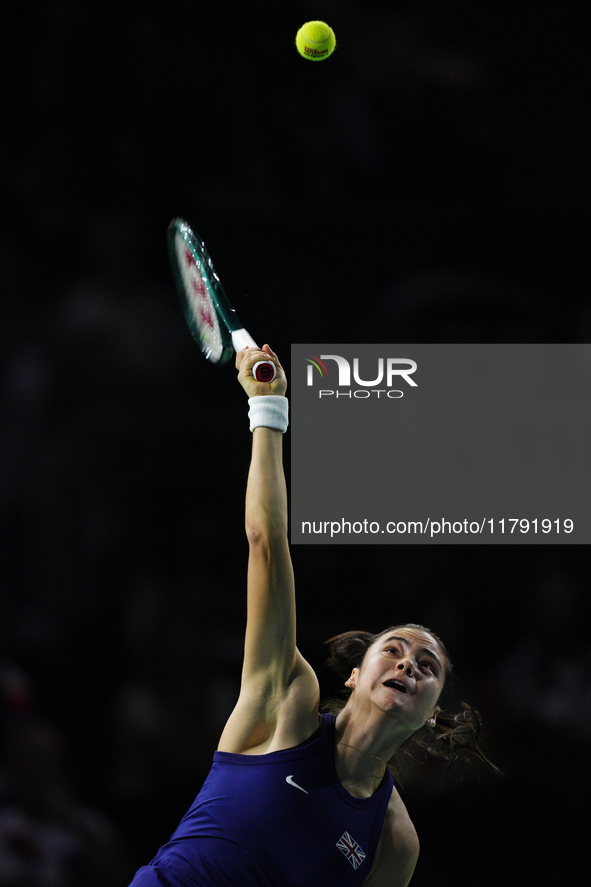 MALAGA, SPAIN - NOVEMBER 19: Emma Raducanu of Great Britain in her singles match against Viktoria Hruncakova of Slovakia in the semifinal ti...