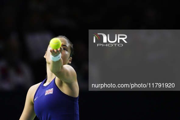 MALAGA, SPAIN - NOVEMBER 19: Emma Raducanu of Great Britain in her singles match against Viktoria Hruncakova of Slovakia in the semifinal ti...