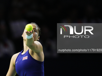 MALAGA, SPAIN - NOVEMBER 19: Emma Raducanu of Great Britain in her singles match against Viktoria Hruncakova of Slovakia in the semifinal ti...