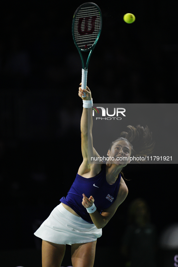 MALAGA, SPAIN - NOVEMBER 19: Emma Raducanu of Great Britain in her singles match against Viktoria Hruncakova of Slovakia in the semifinal ti...