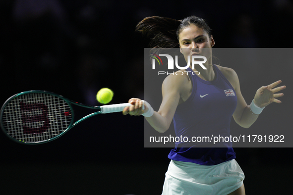 MALAGA, SPAIN - NOVEMBER 19: Emma Raducanu of Great Britain in her singles match against Viktoria Hruncakova of Slovakia in the semifinal ti...