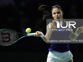 MALAGA, SPAIN - NOVEMBER 19: Emma Raducanu of Great Britain in her singles match against Viktoria Hruncakova of Slovakia in the semifinal ti...